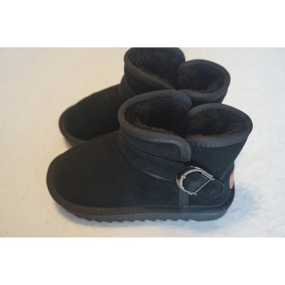 Kids‎ Black Faux Suede Buckle Ankle Boots Faux Fur Lined Size 31 205